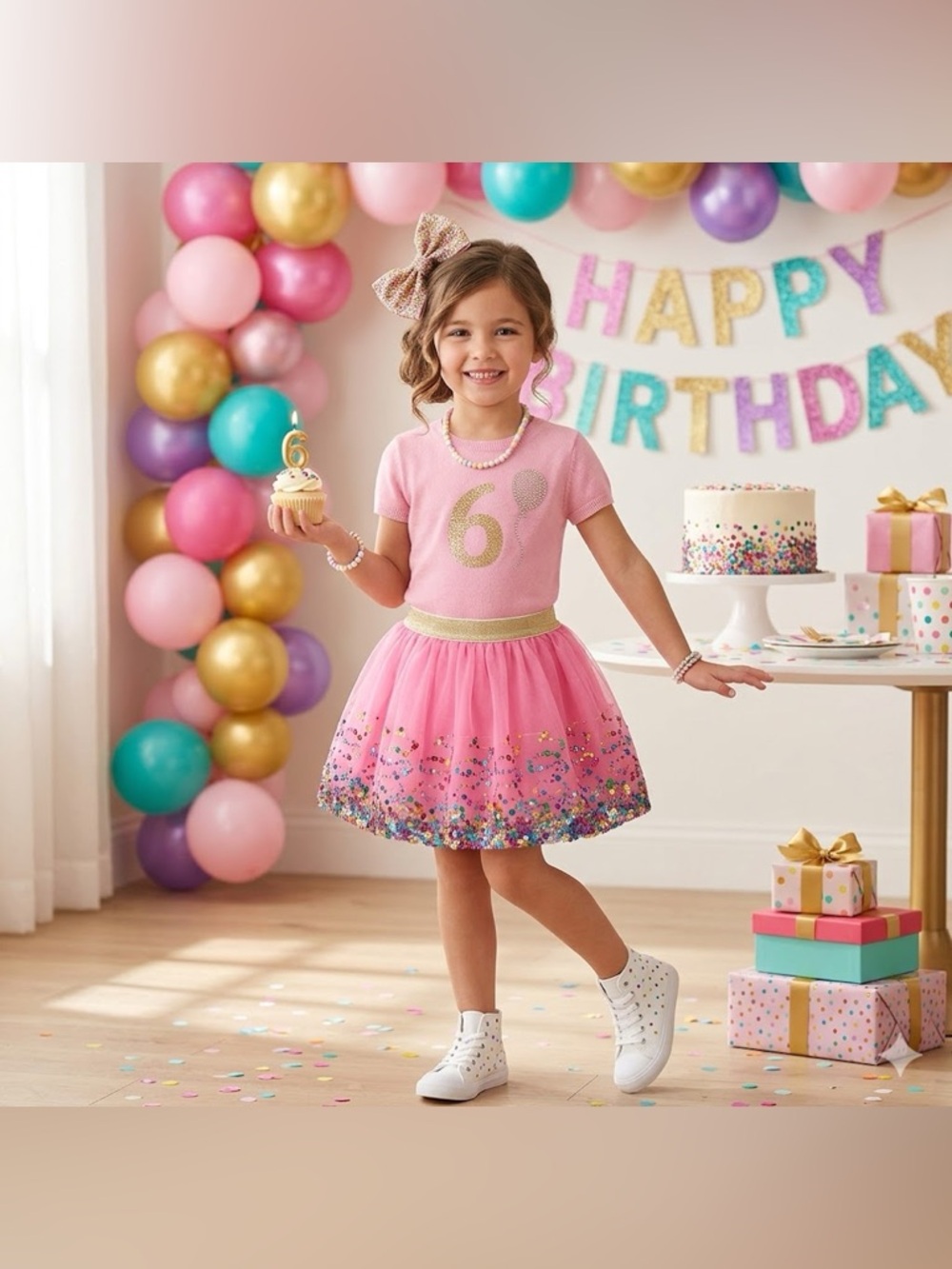 Sweet Wink Hot Pink Cotton Lined Tulle Skirt with Gold Waistband Girls 6-8Y
